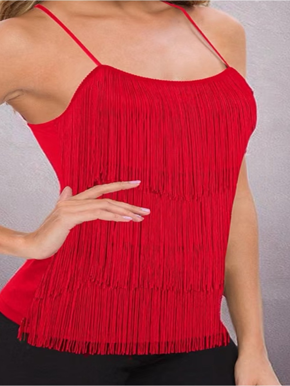 MANER Womenโs Fringe Top Tassel Trim Cami Spaghetti Strap Tank Tops